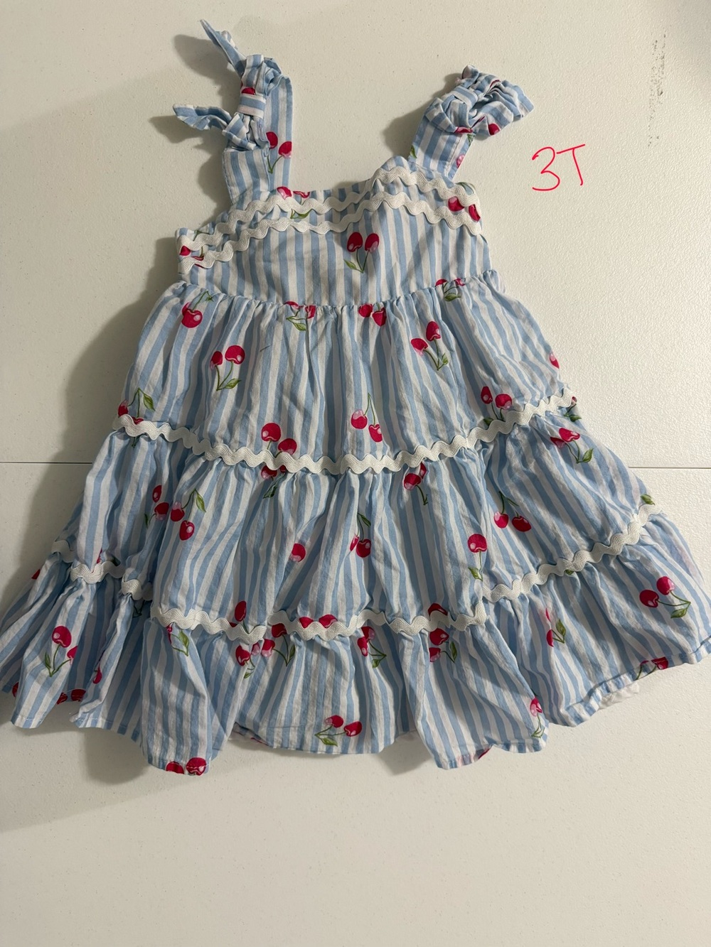 Blue Striped Cherry Print Tiered Sundress for Girls